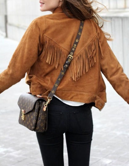 Noora Lambskin BROWN FRINGE Suede Leather Jacket Fr Women | Western Style COWGIRL Tassel Suede Jacket |Customize Celebrity Movie Suede Jacket