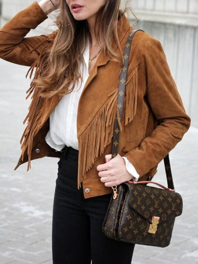 Noora Lambskin BROWN FRINGE Suede Leather Jacket Fr Women | Western Style COWGIRL Tassel Suede Jacket |Customize Celebrity Movie Suede Jacket