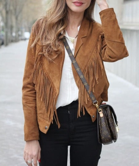 Noora Lambskin BROWN FRINGE Suede Jacket Fr Women | Western Style COWGIRL Tassel Suede Leather Jacket