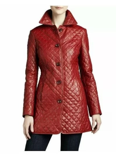 Noora Women Leather Midi TRENCH COAT, Red Full Quilted Coat Wit Pocket, DIAMOND Stitch Coat Red , Overcoat, RTS02
