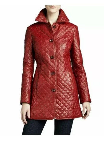 Noora Women Leather Midi TRENCH COAT | Red Full Quilted Handmade Coat Wit Pocket | DIAMOND Stitch Quilt Coat Red | Women Leather Overcoat Red | RTS02