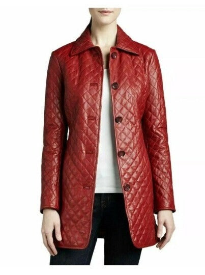 Noora Women Leather Midi TRENCH COAT, Red Full Quilted Coat Wit Pocket, DIAMOND Stitch Coat Red , Overcoat, RTS02