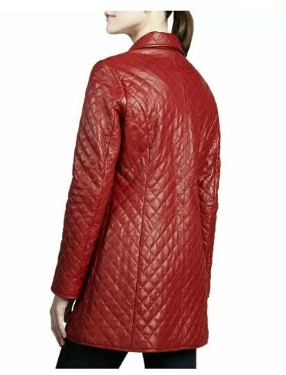Noora Women Leather Midi TRENCH COAT, Red Full Quilted Coat Wit Pocket, DIAMOND Stitch Coat Red , Overcoat, RTS02