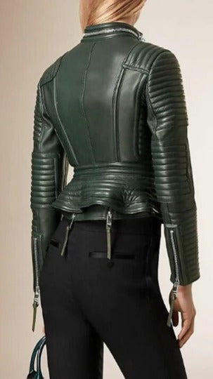 Noora Women Leather Jacket Olive Green, Stylish Motorcycle Quilted Peplum Designer Flare Biker Leather Jacket