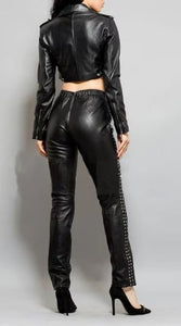 Noora Women BLACK CROPPED Real Leather Jacket | Motor Bolero SHRUG Jacket With Long Sleeves Beautiful Look | Handmade Short Body Biker Jacket