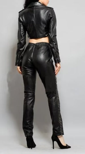 Noora Women Black Cropped Real Leather Jacket, Motor Bolero Shrug Crop Leather Jacket With Long Sleeves Beautiful Look