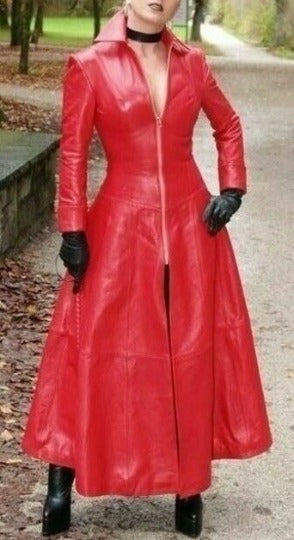 Noora Womens RED Leather TRENCH Coat | Slim Fit Full Length Flare Leather Long Coat With Zipper | Designer Braided Style Celebrity Long OVERCOAT | RTS13