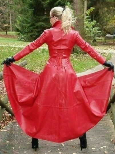 Noora Womens RED Leather TRENCH Coat | Slim Fit Full Length Flare Leather Long Coat With Zipper | Designer Braided Style Celebrity Long OVERCOAT | RTS13
