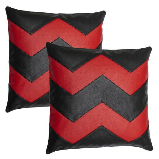 Lambskin Leather Cushion Cover, Red and Black Leather Zig Zag Square Pillow Cover, Hom & Living