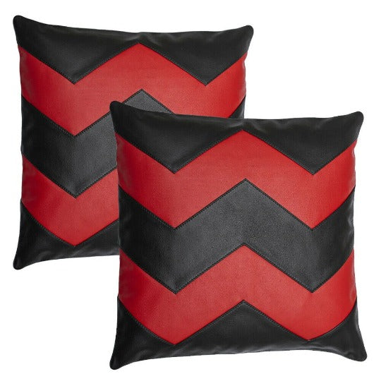 Noora Lambskin Leather Cushion Cover | Red and Black Leather ZIG ZAG SQUARE Pillow Cover | Home Living Decor, Housewarming Chevron Chair Cushion | RTS11