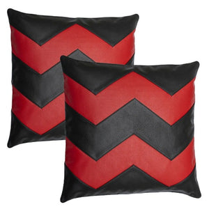 Noora Lambskin Leather Cushion Cover | Red and Black Leather ZIG ZAG SQUARE Pillow Cover | Hom & Living Decor Cushion