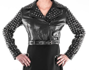 Noora Womens STUDDED Leather Moto Jacket, Slim Fit PUNK Style CROPPED Black Leather Jacket, Celebrity Leather Jacket