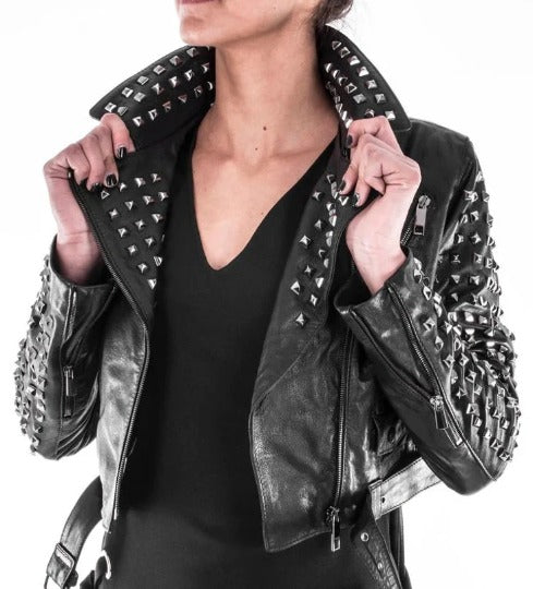 Noora Womens STUDDED Leather Moto Jacket, Slim Fit PUNK Style CROPPED Black Leather Jacket, Celebrity Leather Jacket