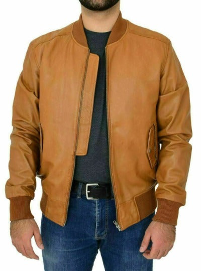 Noor Men TAN Leather Jacket | BOMBER Style Biker Leather Jacket | Slim Fit Winter Movie Leather Jacket |Chinese Collar CASUAL Leather Jacket | RTS09