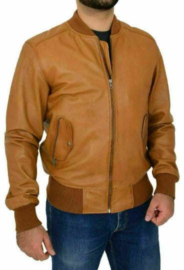 Noora Men TAN Leather Jacket, BOMBER Style Biker Leather Jacket, Slim Fit Movie Leather Jacket, CASUAL Leather Jacket