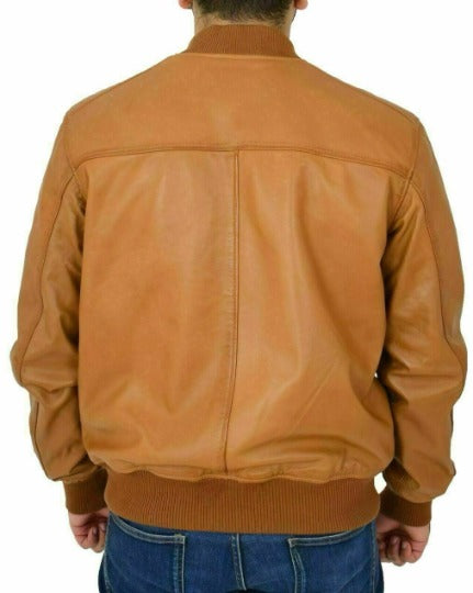Noor Men TAN Leather Jacket | BOMBER Style Biker Leather Jacket | Slim Fit Winter Movie Leather Jacket |Chinese Collar CASUAL Leather Jacket | RTS09
