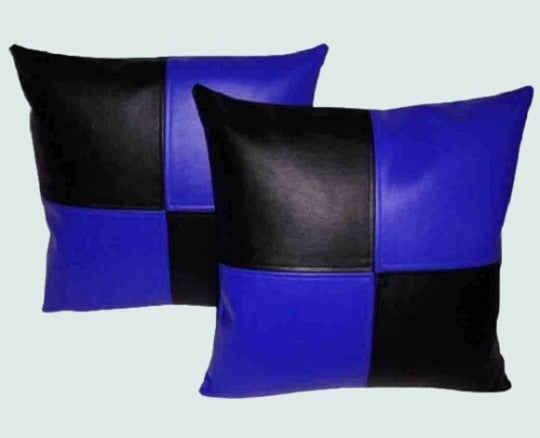 Noora Lambskin Leather Cushion Cover |COLOR Block SQUARE Pillow Cover |Designer Luxury Gift |Home Decor Lumber Cushion Cover - BLACK and Blue