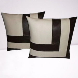Noora Brown & White Lumbar Lambskin Leather Cushion Cover, Color Block SQUARE Pillow Cover | Sofa Cushion Case for Couch - Beige and Brown | RTS35