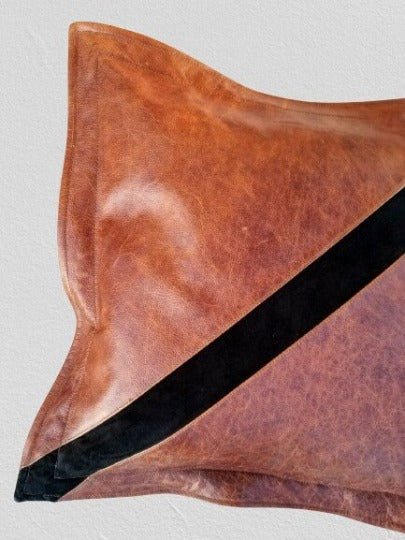 Noor Lambskin Leather SQUARE Pillow Cover | Antique Brown Cushion Cover with Black Stripe Decorative Throw Covers for Living Room & Bedroom | RTS31