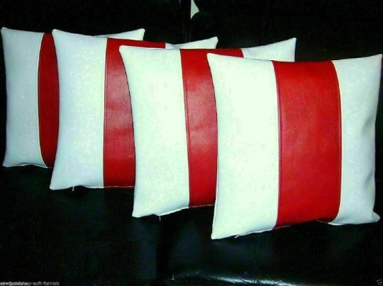 Noora Color Block Pillow Cover| Made with LAMBSKIN RED and WHITE Leather | Chevron Strip Pillow Cover| Circus Pillow Case|