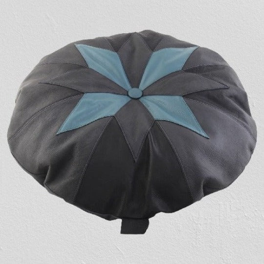 Noora Lambskin BLACK GREY and BLUE Leather Round Colour-block Round Cushion Cover| Circle Art Deco Pillow| RTS28