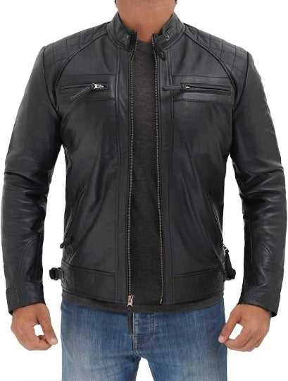 Noora Men's Lambskin Black Leather Jacket, Stylish Quilted Motorcycle Biker Leather Jacket, Best Gift For Him