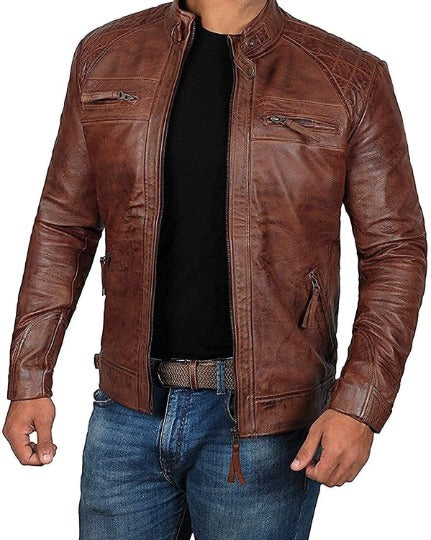 Noora Mens Lambskin Distress Brown Leather Jacket, Quilted Designer Motorcycle Jacket, Stylish Celebrity Wear Jacket