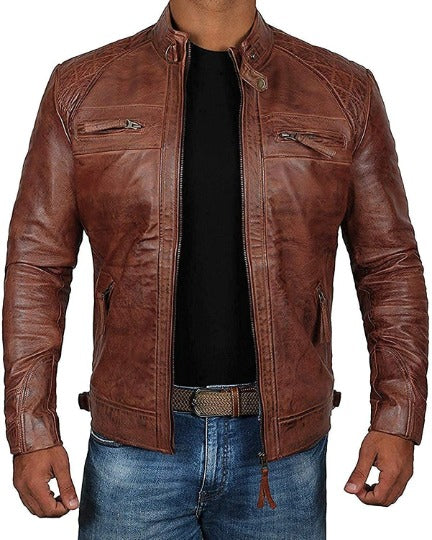 Noora Mens Lambskin Distress Brown Leather Jacket, Quilted Designer Motorcycle Jacket, Stylish Celebrity Wear Jacket