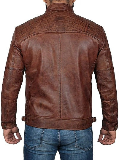 Noora Mens Lambskin Distress Brown Leather Jacket, Quilted Designer Motorcycle Jacket, Stylish Celebrity Wear Jacket