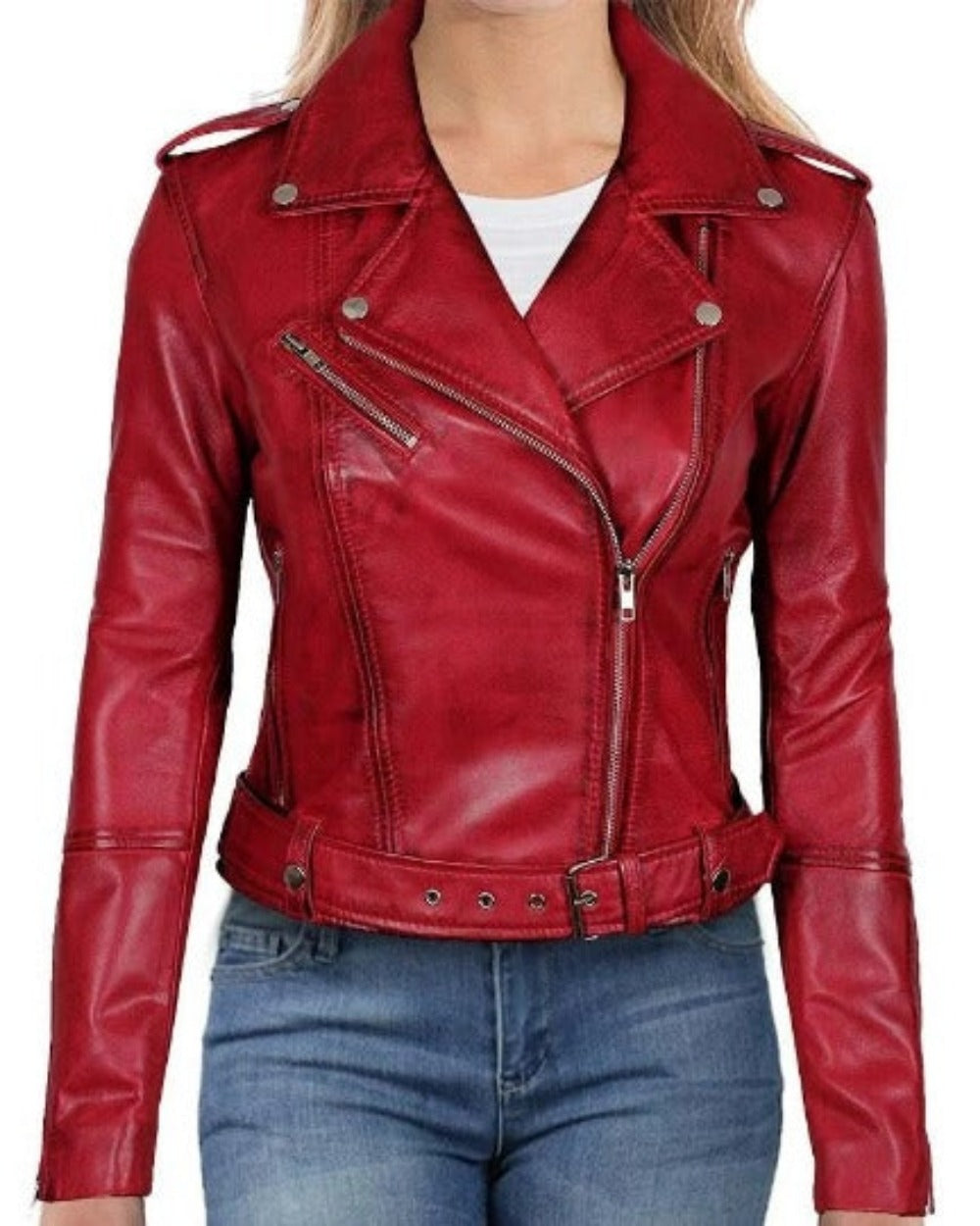 Noora Women's Lambskin Dark Red Leather Jacket, Designer Belted Slim Fit Motorcycle Biker Jacket, Gift for Her