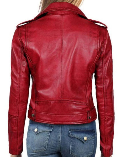 Noora Women's Lambskin Dark Red Leather Jacket, Designer Belted Slim Fit Motorcycle Biker Jacket, Gift for Her