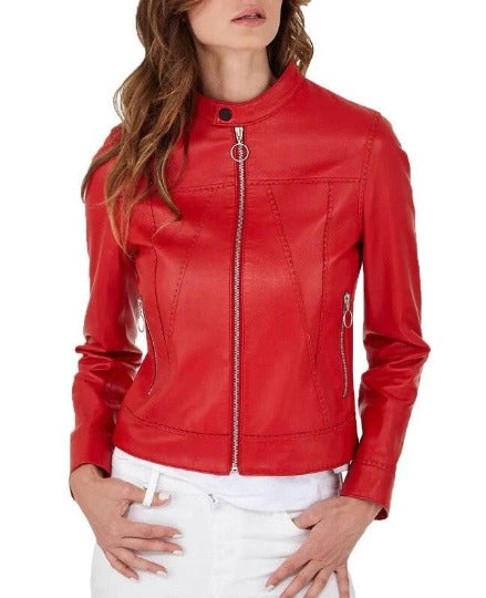 Noora Women's Real Lambskin Leather Jacket, Women Red Leather Biker Jacket, Winter Gift for Ladies