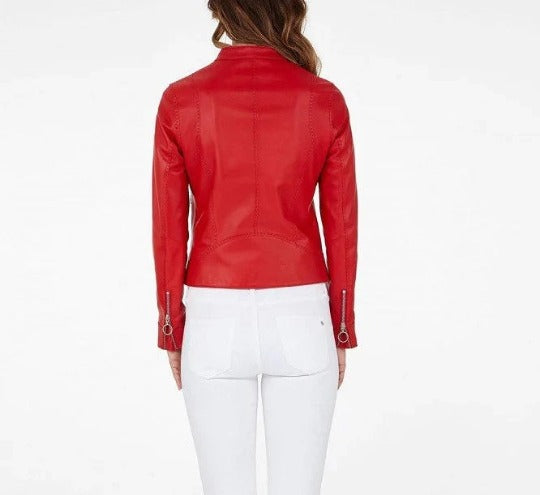 Noora Women's Real Lambskin Leather Jacket, Women Red Leather Biker Jacket, Winter Gift for Ladies