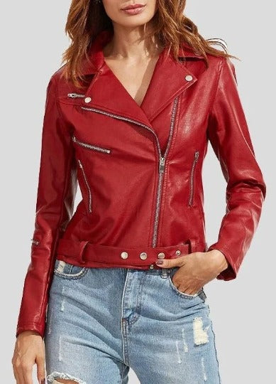 Noora Women's Lambskin Leather Jacket RED | Slim Fit Shinny Jacket, Western Belted Leather Jacket On Movie, Personalized Gift for Ladies | RTS53