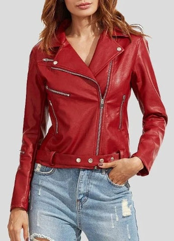 Noora Women's Lambskin Red Leather Jacket, Slim Fit Shinny Jacket, Western Belted Leather Jacket On Movie