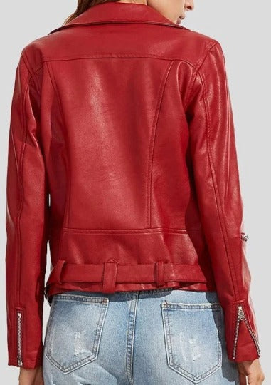 Noora Women's Lambskin Red Leather Jacket, Slim Fit Shinny Jacket, Western Belted Leather Jacket On Movie