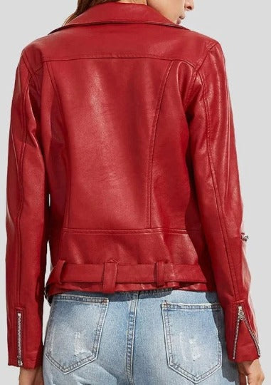 Noora Women's Lambskin Leather Jacket RED | Slim Fit Shinny Jacket, Western Belted Leather Jacket On Movie, Personalized Gift for Ladies | RTS53