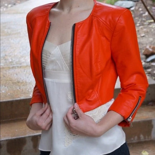 Noora Women's Lambskin Stylish Orange Biker Cropped Leather Jacket, Collarless Club & Party Crop Jacket, Gift for Her