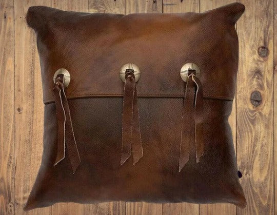 Noora Lambskin Leather SQUARE Cushion Cover, Antique Brown Designer Pillow Cover with EYELET & TASSEL