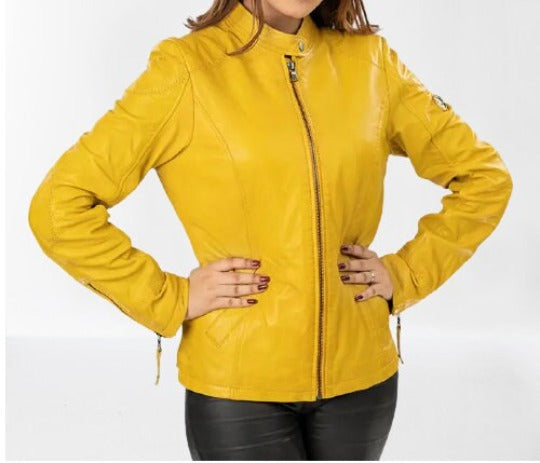 Noora Womens Sheepskin Yellow Leather Jacket, Designer Biker Leather Jacket, Western Party Jacket, Gift For Her