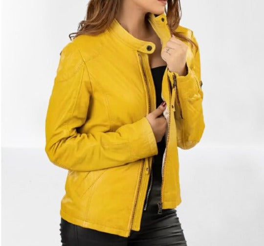 Noora Womens Sheepskin Yellow Leather Jacket, Designer Biker Leather Jacket, Western Party Jacket, Gift For Her