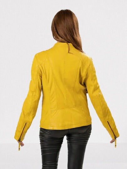 Noora Womens Sheepskin Yellow Leather Jacket, Designer Biker Leather Jacket, Western Party Jacket, Gift For Her