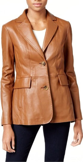 Noora Women's Lambskin TAN Leather BLAZER | Office Wear FORMAL Leather Blazer | Classic Outwear Winter Leather Coat | Gift For Ladies | RTS45