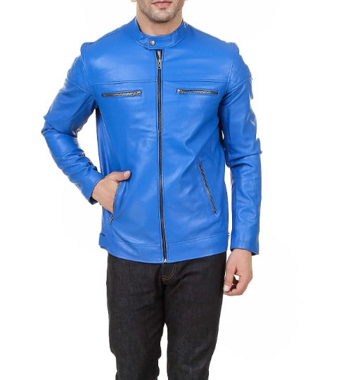 Noora Men's Lambskin BLUE Leather Jacket, Motorcycle Casual Jacket, Handcrafted Biker Leather Jacket, Gift For Him