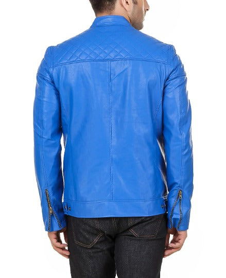 Noora Men's Lambskin BLUE Leather Jacket | Motorcycle Casual Jacket | Handcrafted Quilted Jacket | Best Gift For Him | RTS43