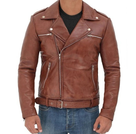 Men's Antique Brown Lambskin Leather Jacket, Western Style Distressed Motorcycle Retro Jacket