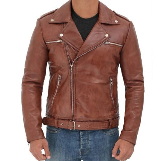 Noora Men's ANTIQUE BROWN Lambskin Leather Jacket | Western Style Distressed Motorcycle Retro Jacket | Belted Designer Leather Coat | RTS41