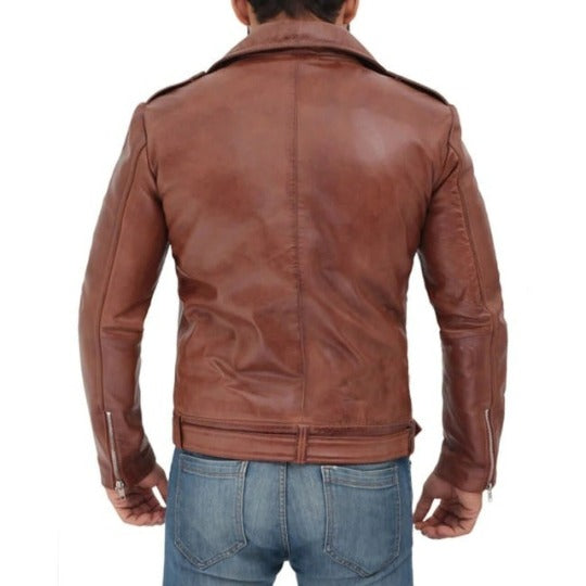 Noora Men's ANTIQUE BROWN Lambskin Leather Jacket | Western Style Distressed Motorcycle Retro Jacket | Belted Designer Leather Coat | RTS41