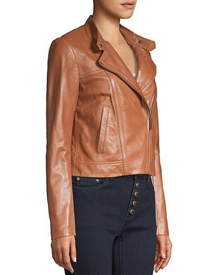 Noora Women's Tan Leather Jacket, Western Party Wear Jacket, Custom Made Oversize Jacket, Casual Slim Fit Winter Jacket