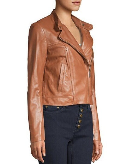 Noora Women's TAN Leather Jacket | Western Party Wear Jacket | Custom Made Oversize Jacket | Casual Slim Fit Winter Jacket | RTS40